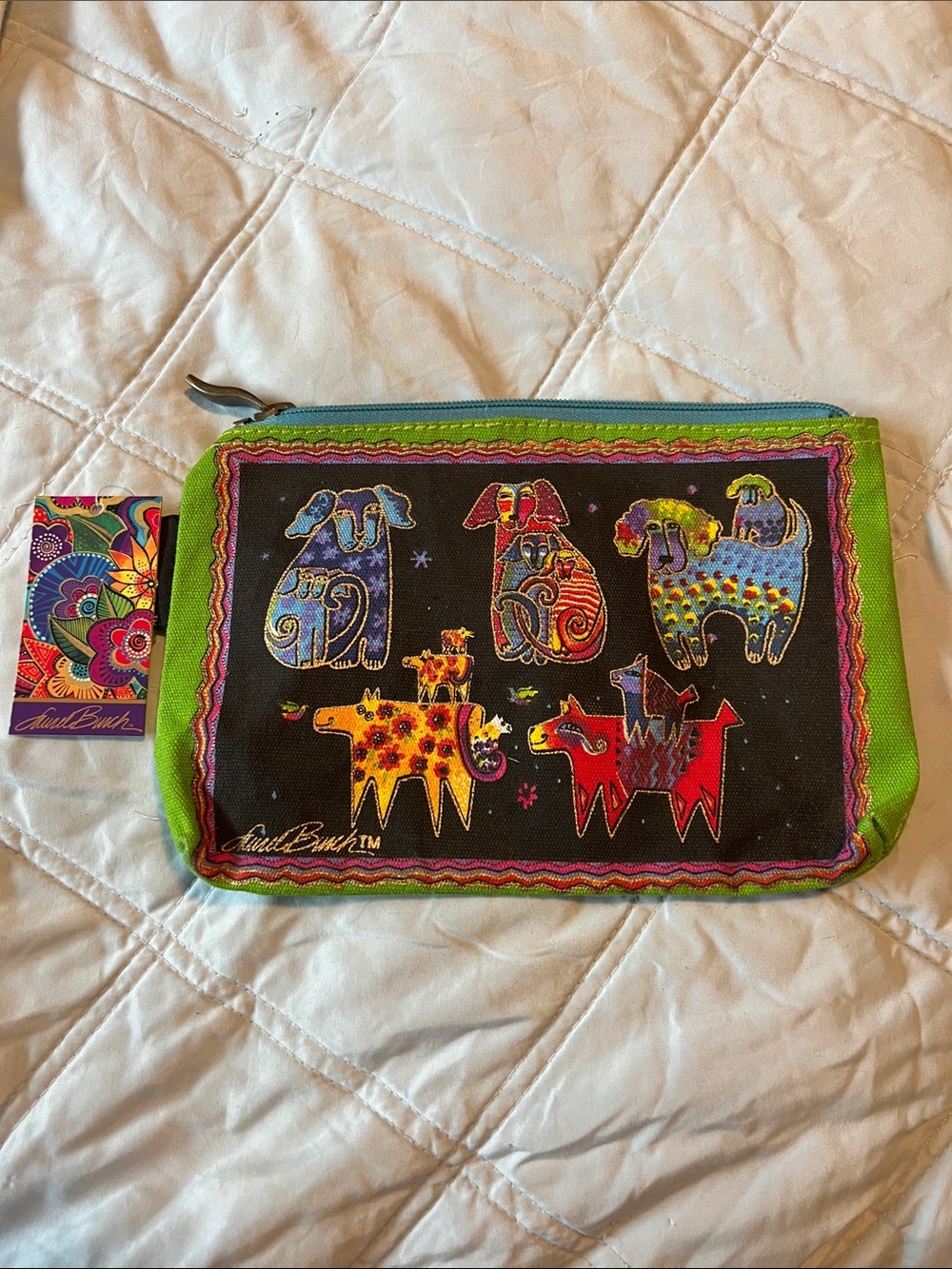 Laurel Burch Multicolor Whimsical Dogs Zip Pouch - Green Trim